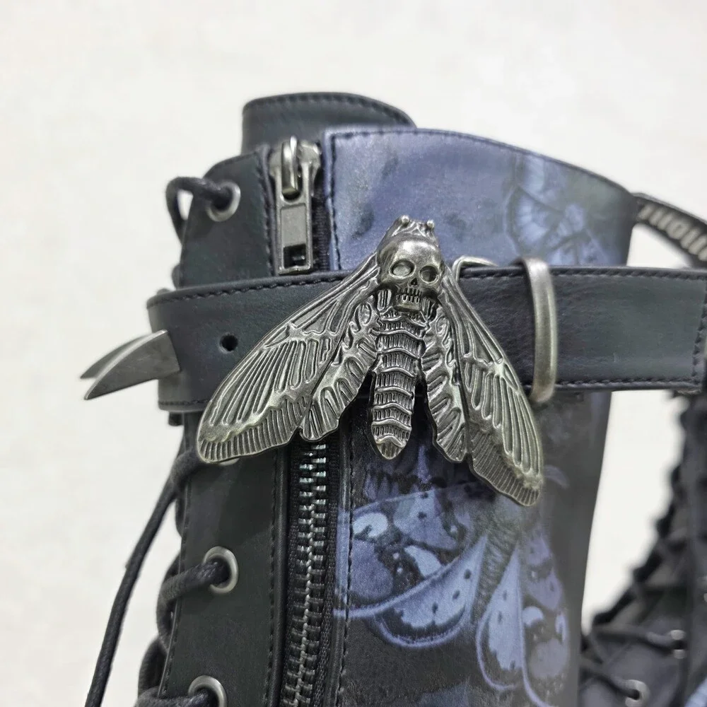 NIB NEW DEMONIA Emily Death Moth Skull Graphic Platform Goth Punk Mid Calf Boots - Picture 8 of 16